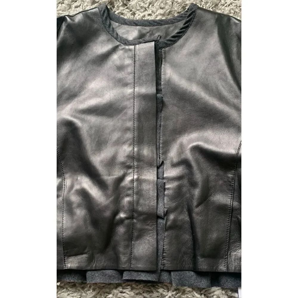NEW NWT NINA RICCI Black Lamb Leather Zip Ruffle Crop Coat Jacket sz 42 M $3990 - Picture 7 of 13
